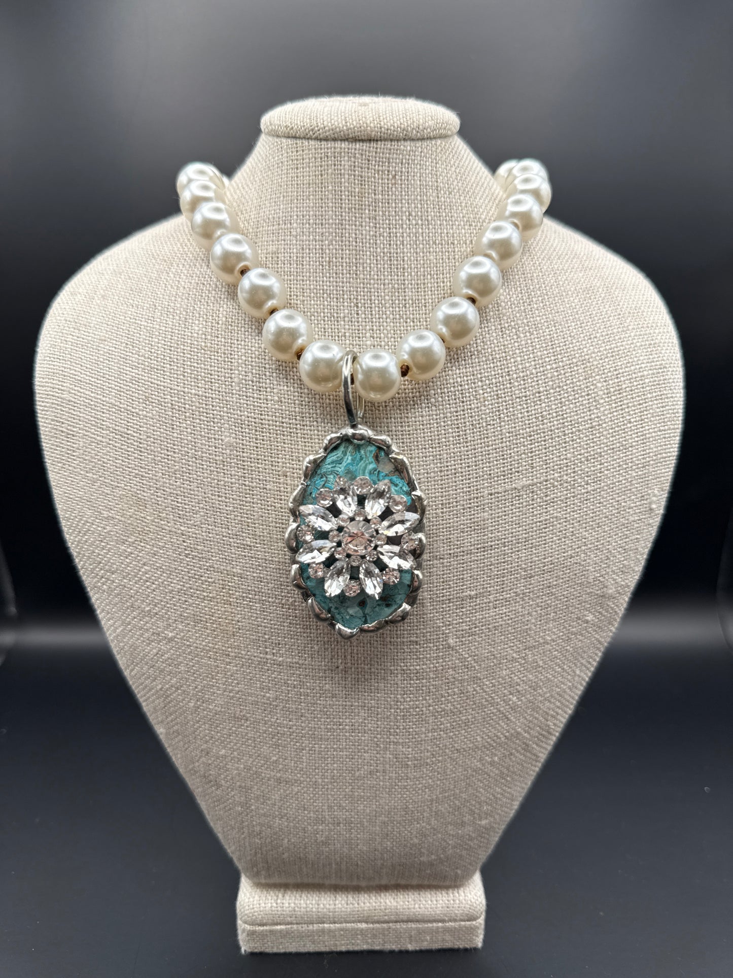 Hand Soldered Teal Stone with Crystal Flower Pearl Necklace