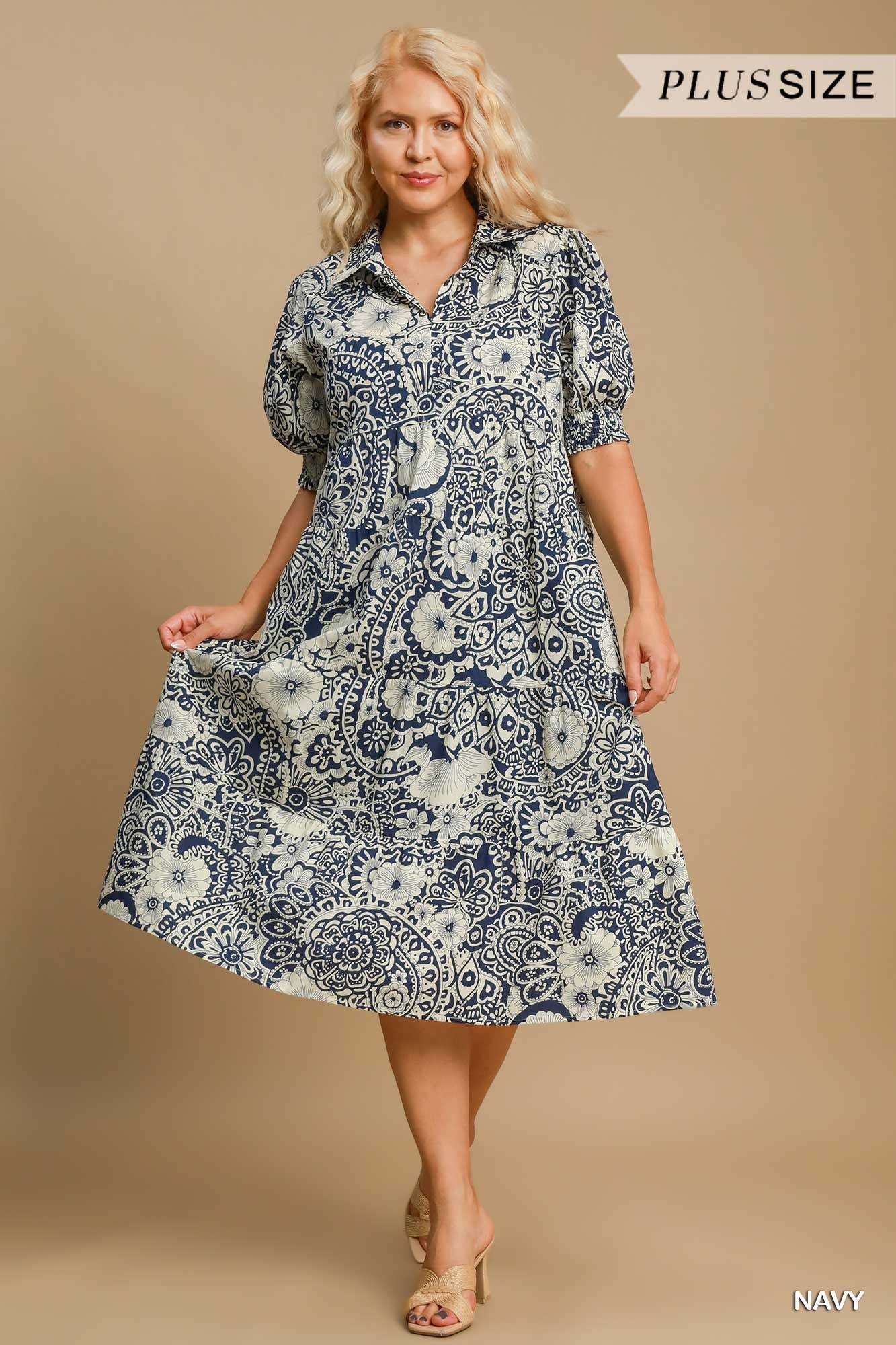 UMGEE Abstract Print Tiered Dress Navy Plus Pretty