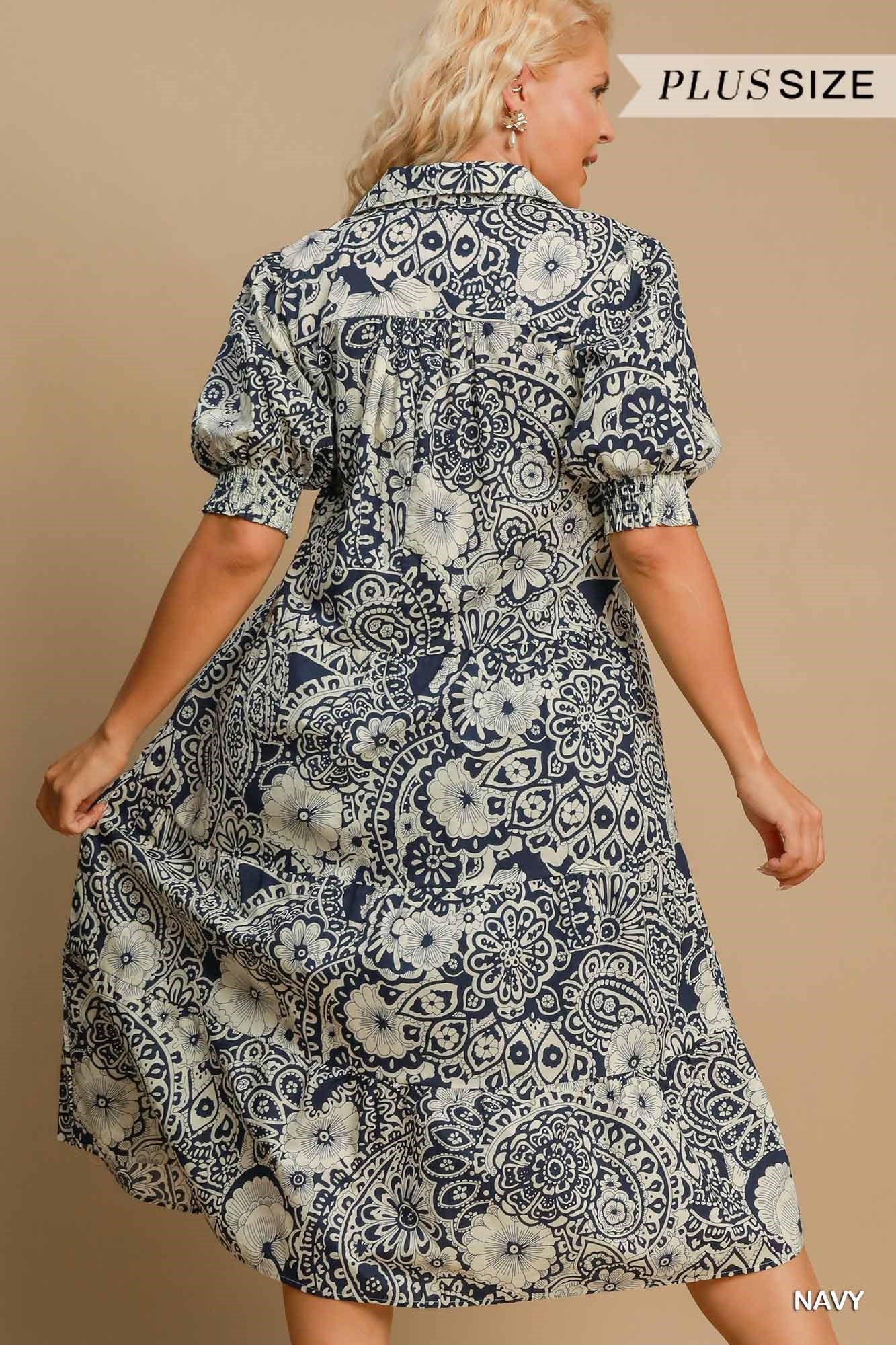 UMGEE Abstract Print Tiered Dress Navy Plus Pretty