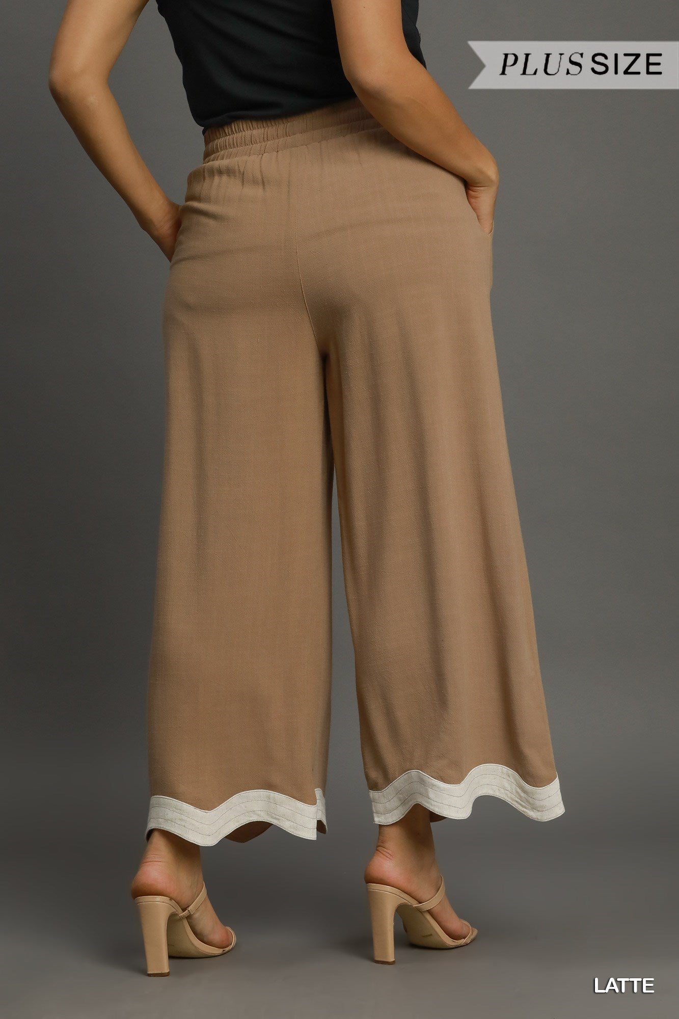 UMGEE Drawstring Linen Pants with Scalloped Hemline Latte Plus Pretty