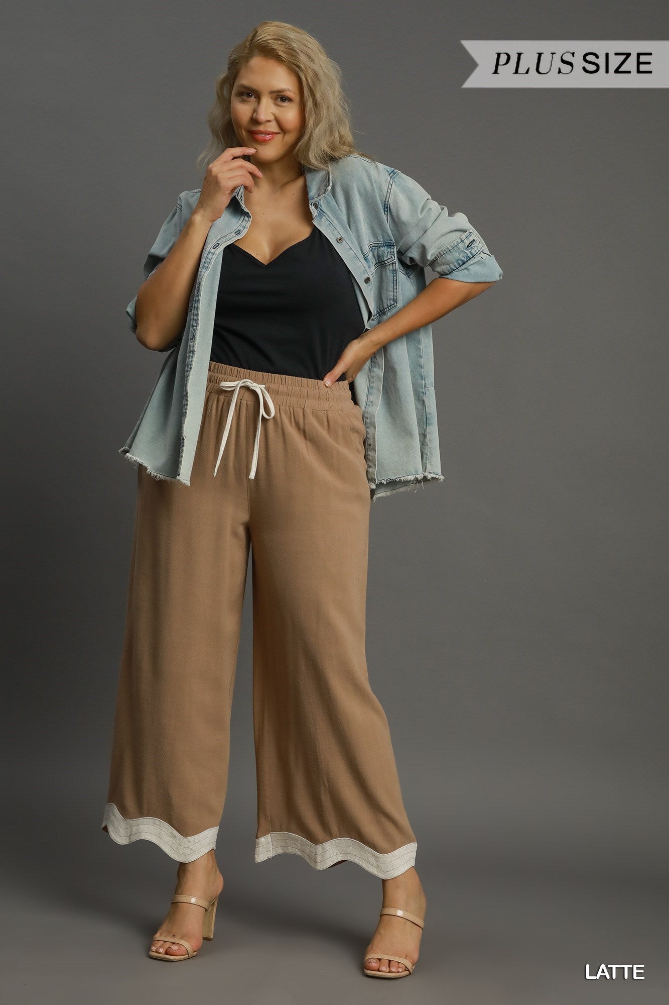 UMGEE Drawstring Linen Pants with Scalloped Hemline Latte Plus Pretty