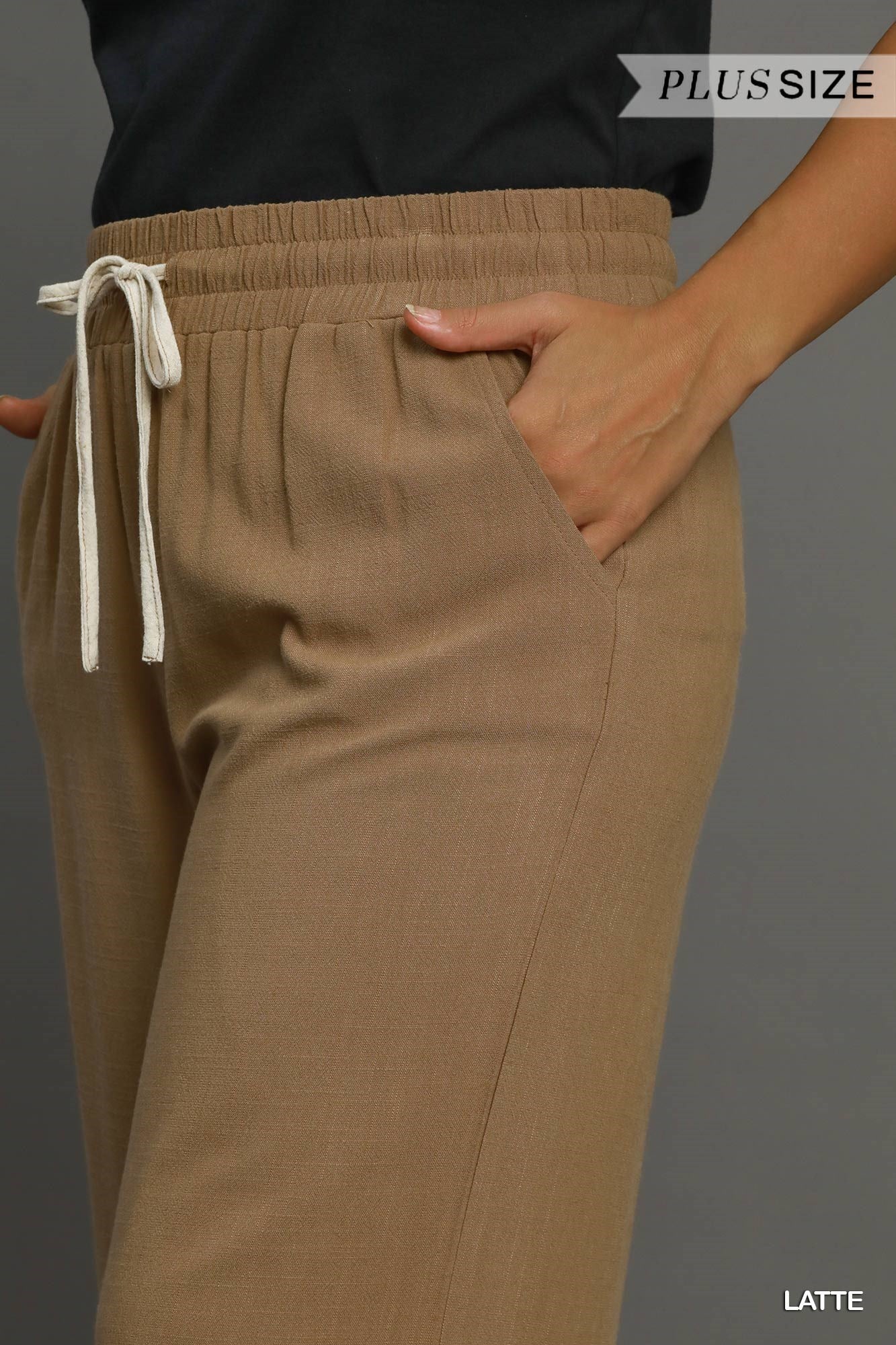 UMGEE Drawstring Linen Pants with Scalloped Hemline Latte Plus Pretty