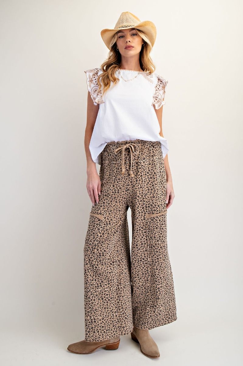 EASEL Animal Print Mineral Washed Terry Knit Lounge Cargos Camel PLUS PRETTY
