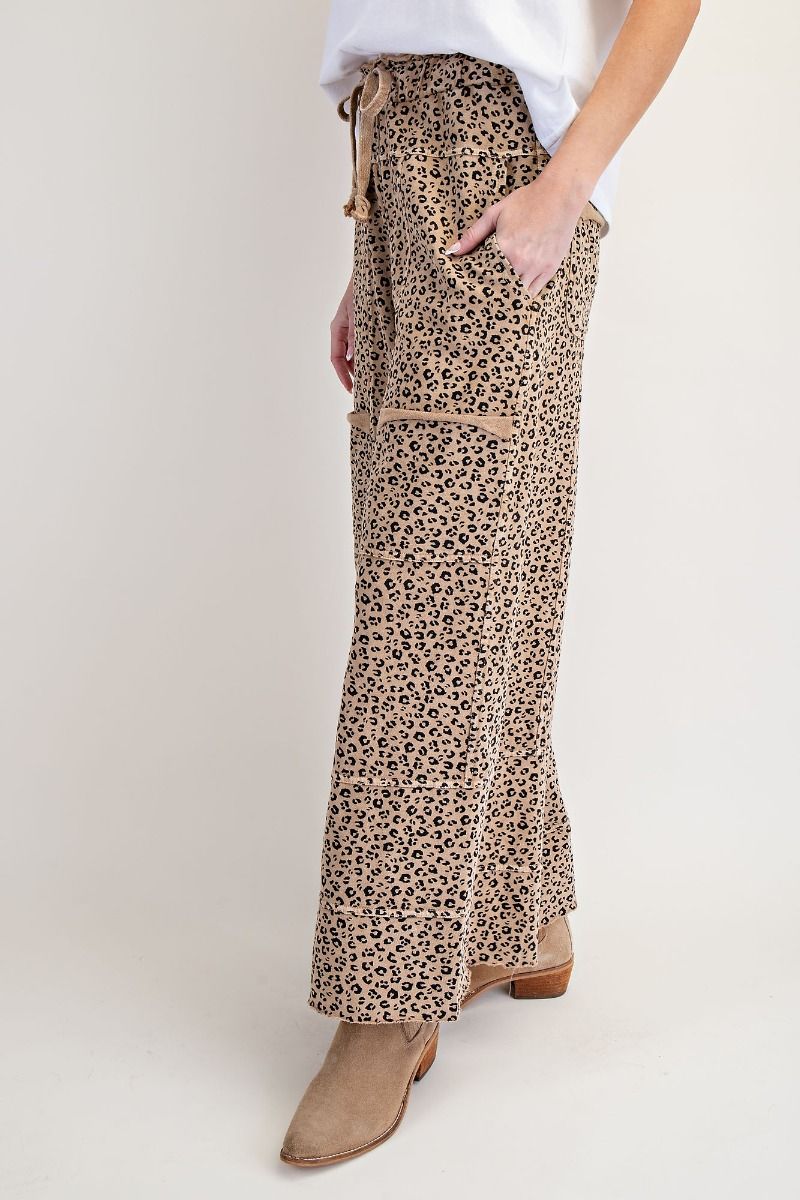 EASEL Animal Print Mineral Washed Terry Knit Lounge Cargos Camel PLUS PRETTY
