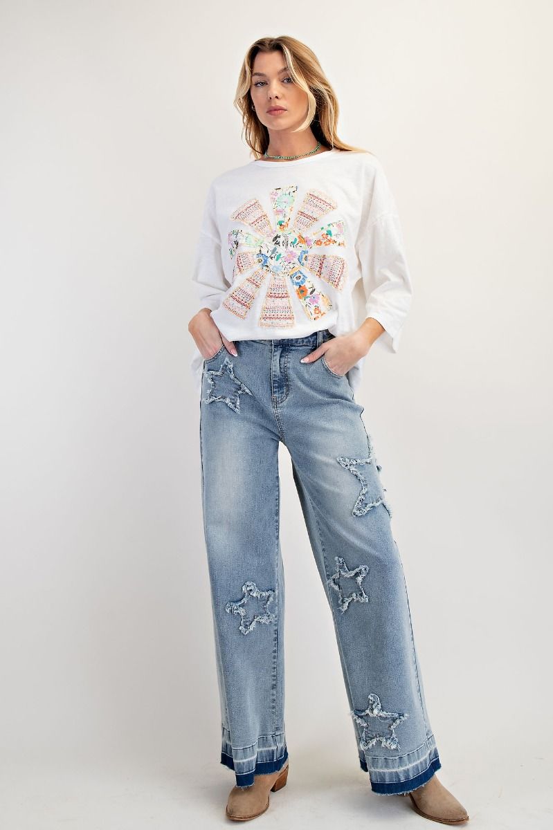 EASEL Patchwork Mineral Washed Cotton Slub Knit Top White PLUS PRETTY