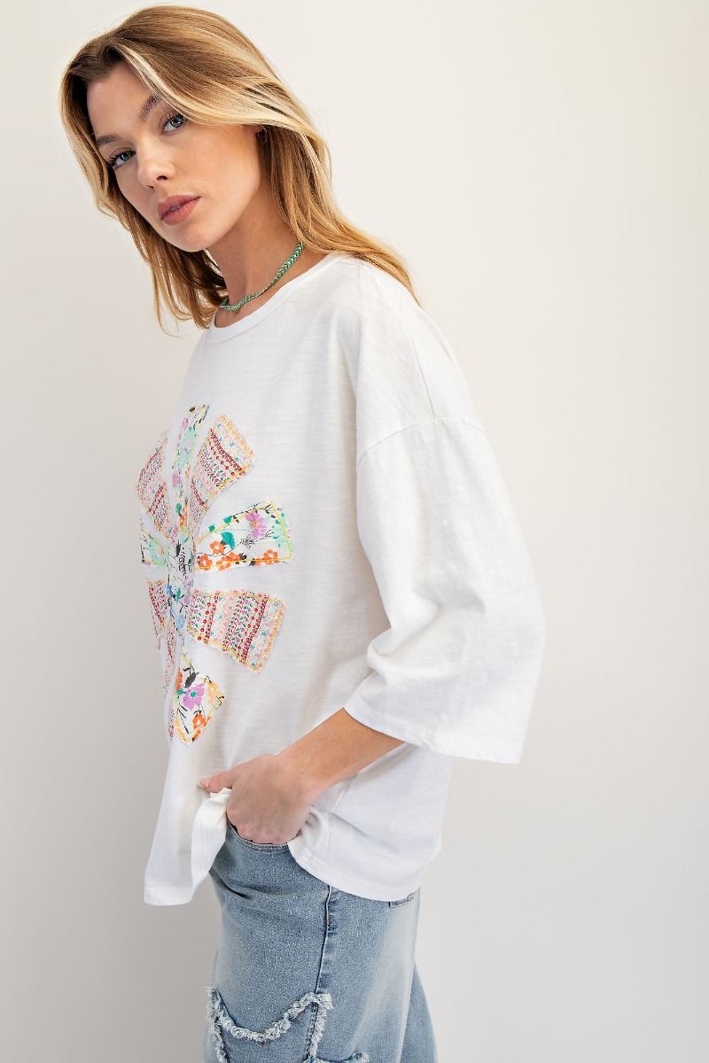 EASEL Patchwork Mineral Washed Cotton Slub Knit Top White PLUS PRETTY