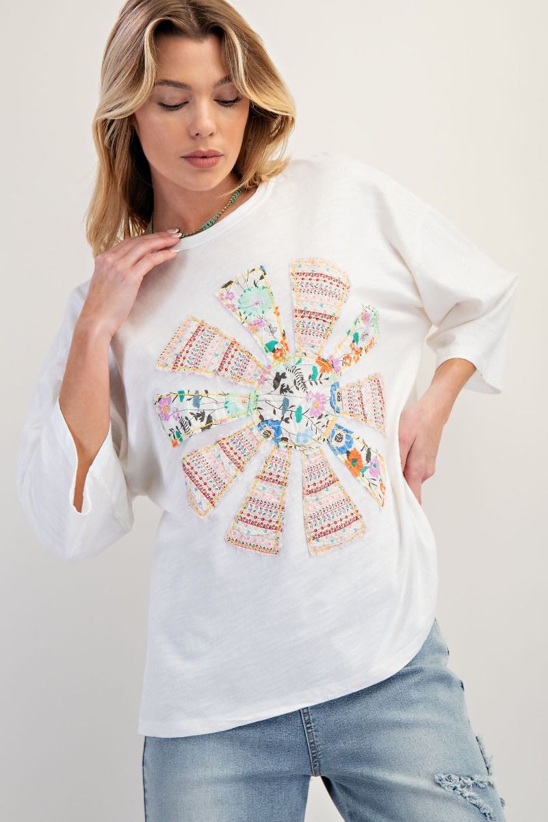 EASEL Patchwork Mineral Washed Cotton Slub Knit Top White PLUS PRETTY