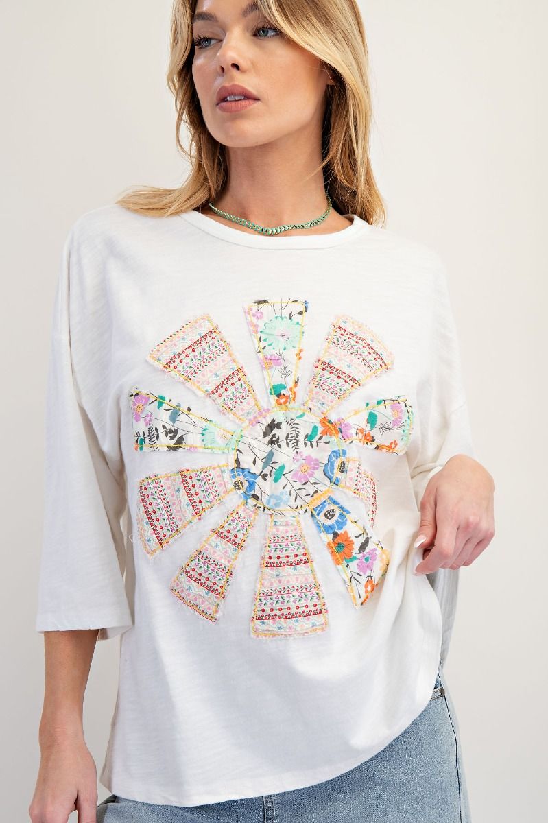 EASEL Patchwork Mineral Washed Cotton Slub Knit Top White PLUS PRETTY