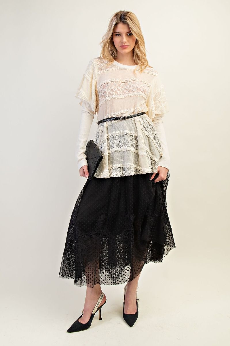 EASEL Knit Inset Lace Layered Top Cream