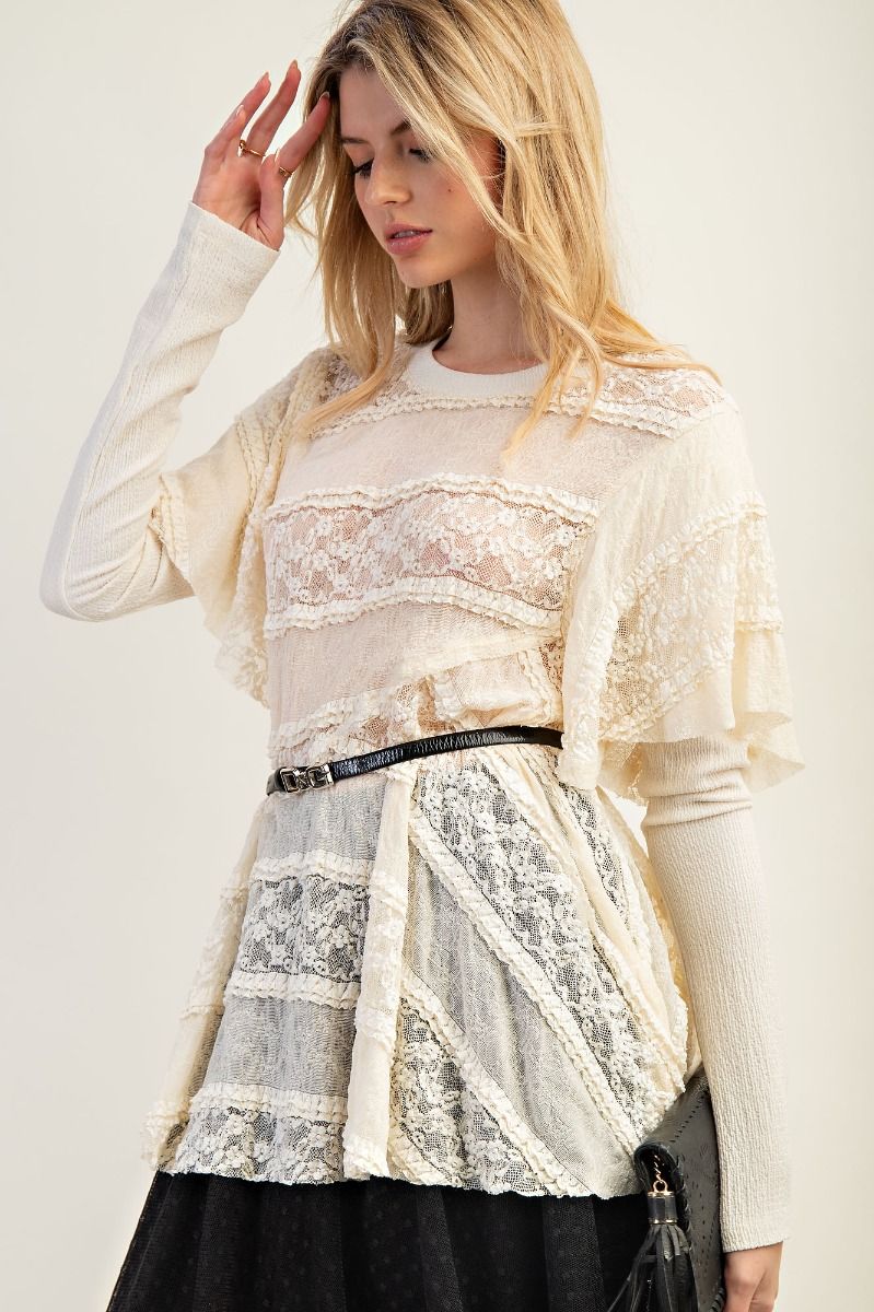 EASEL Knit Inset Lace Layered Top Cream