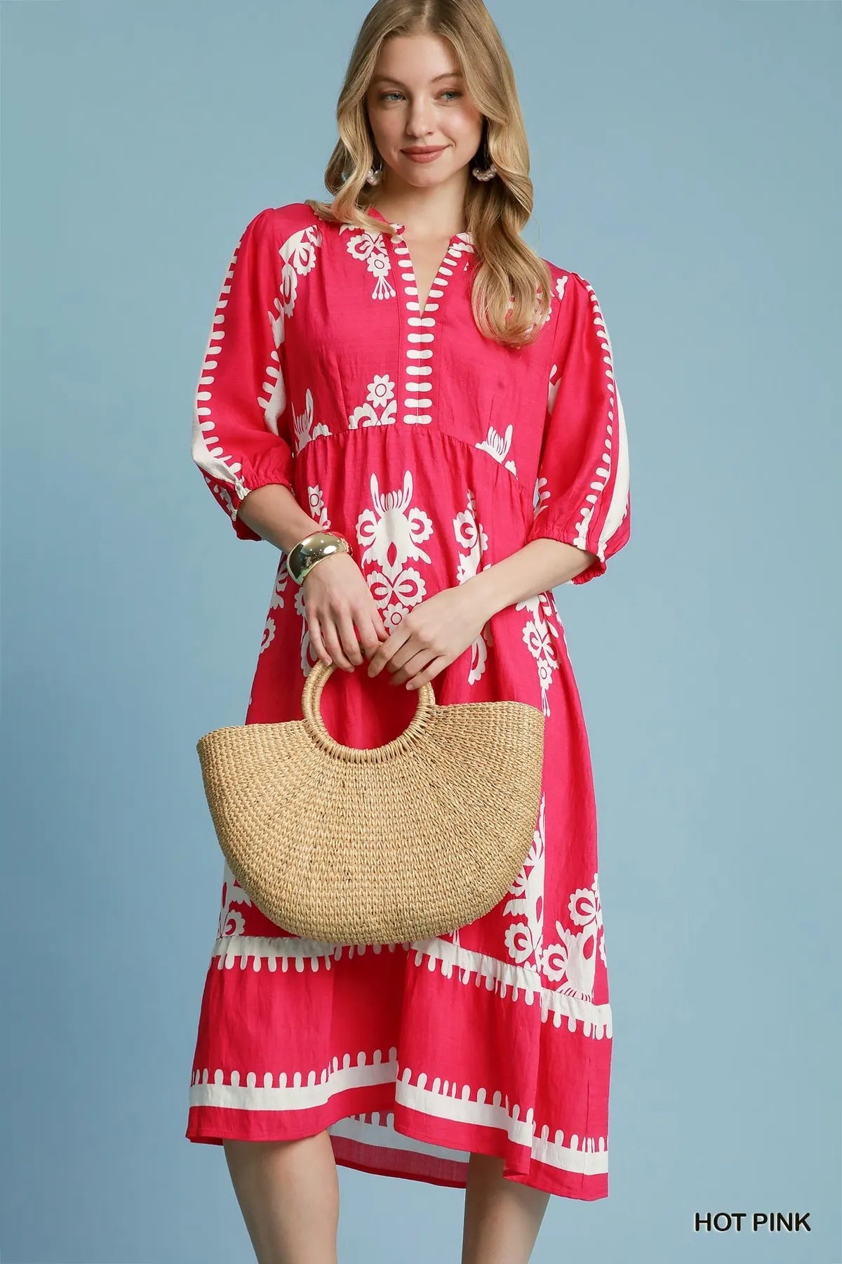 UMGEE Desert Bloom Embroidered Midi Dress Hot Pink