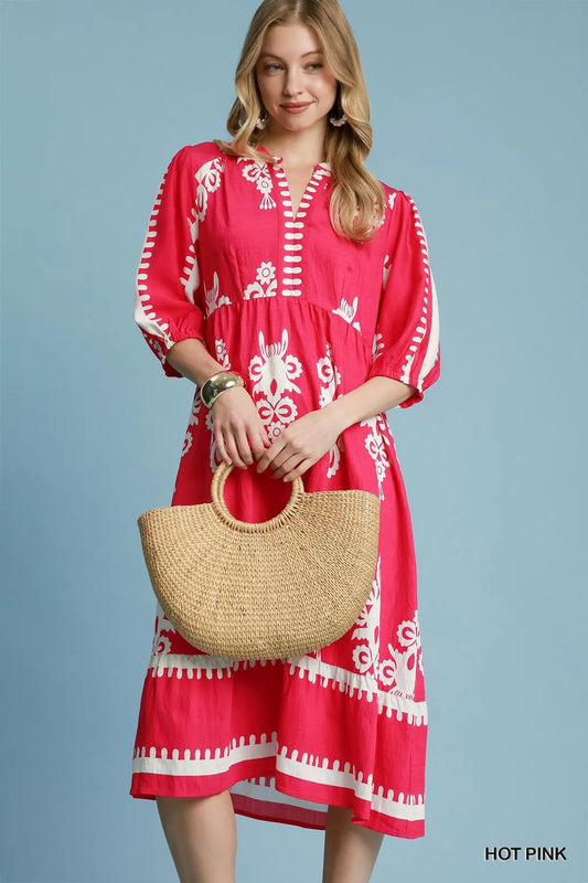 UMGEE Desert Bloom Embroidered Midi Dress Hot Pink
