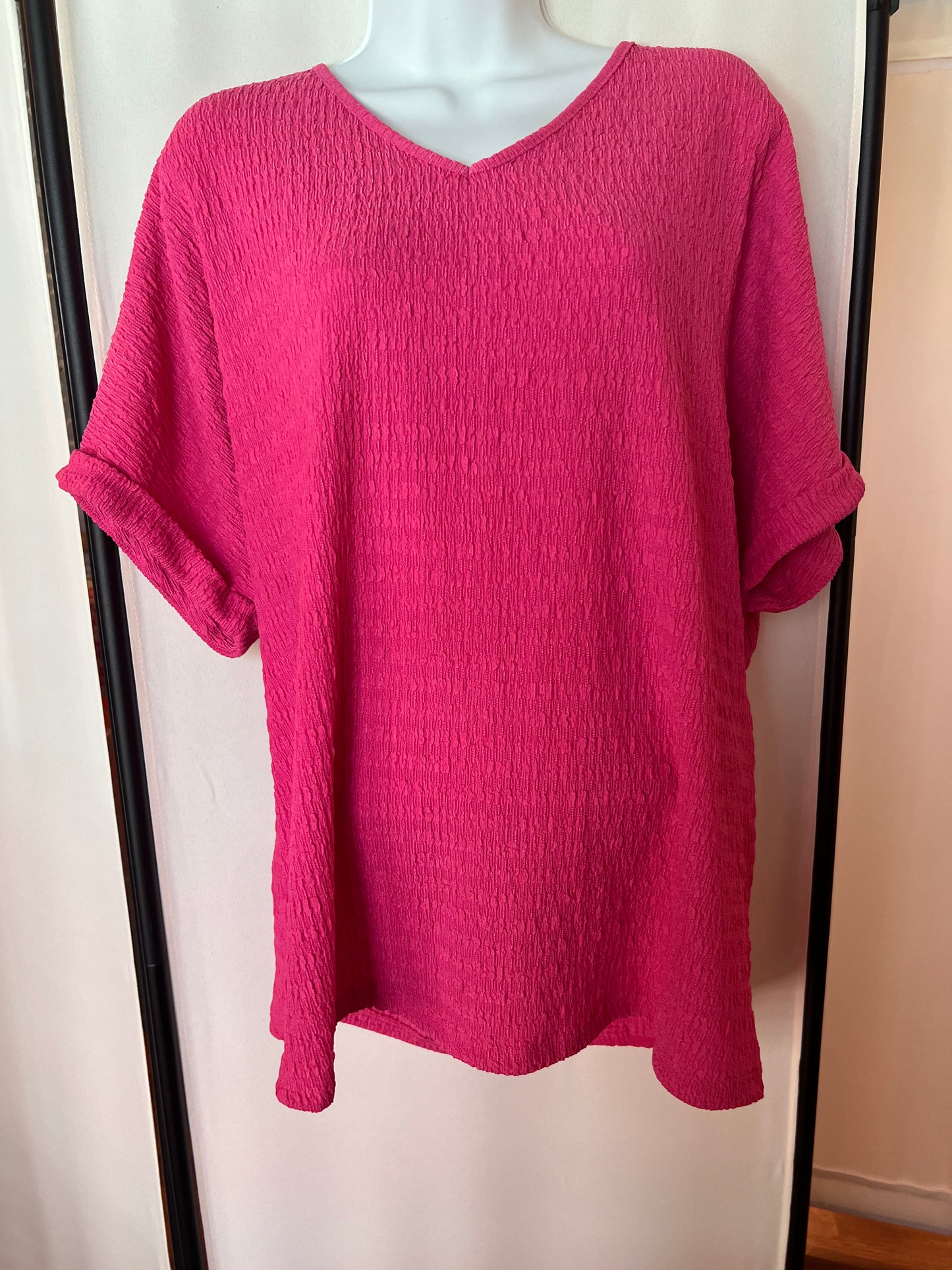 Textured Rolled Sleeve V Neck Top