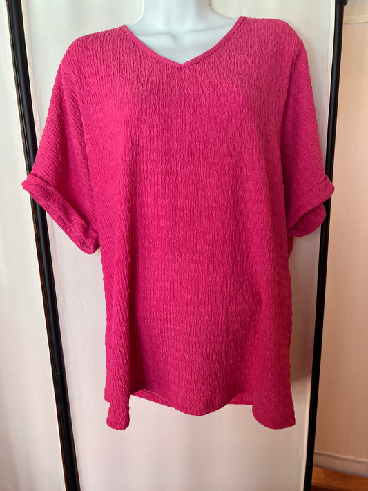Textured Rolled Sleeve V Neck Top