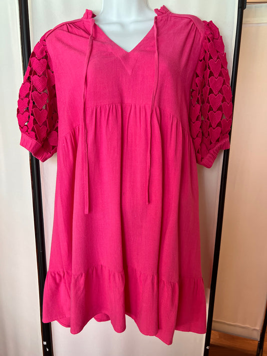 UMGEE Heart Sleeve Tiered Short Dress Hot Pink