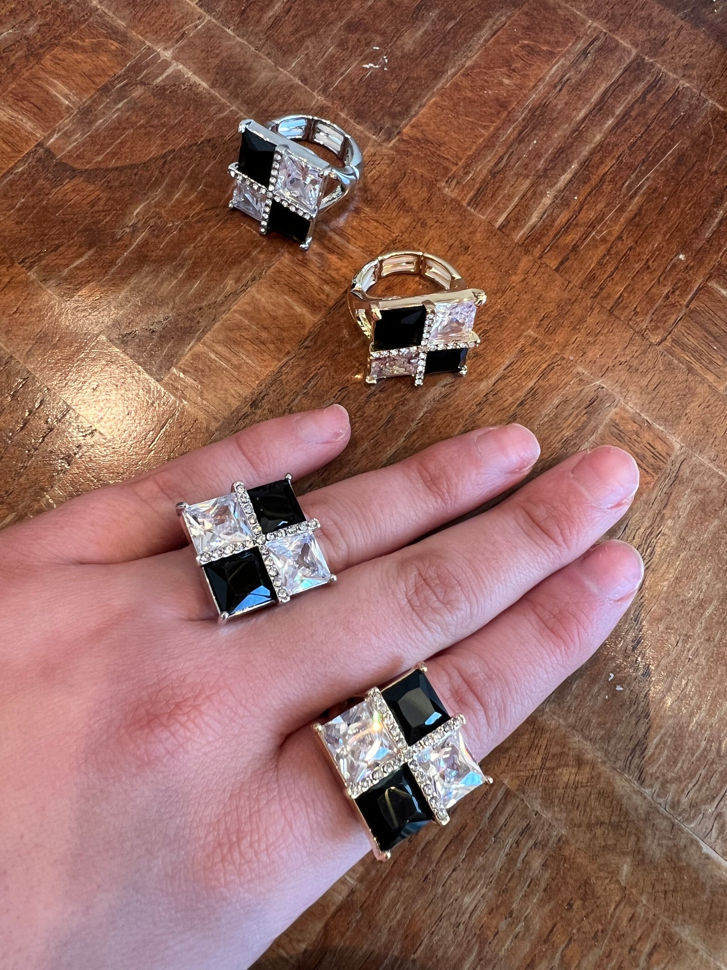 Checkered Stretchy Ring Silver / Gold