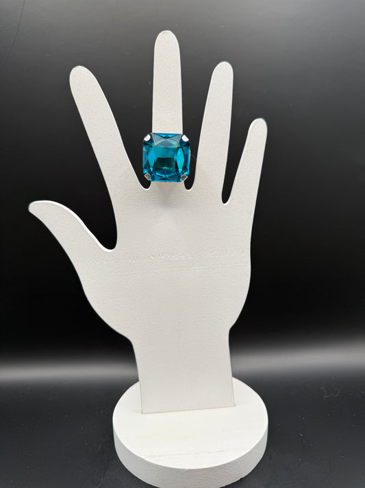 Large Crystal Adjustable Ring Blue