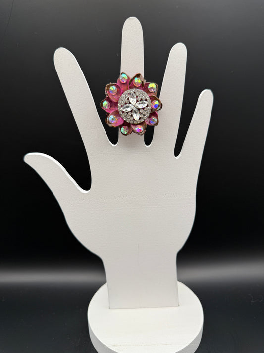 ALICE Pink Hand Painted Pink Metal Flower with Crystal Ring