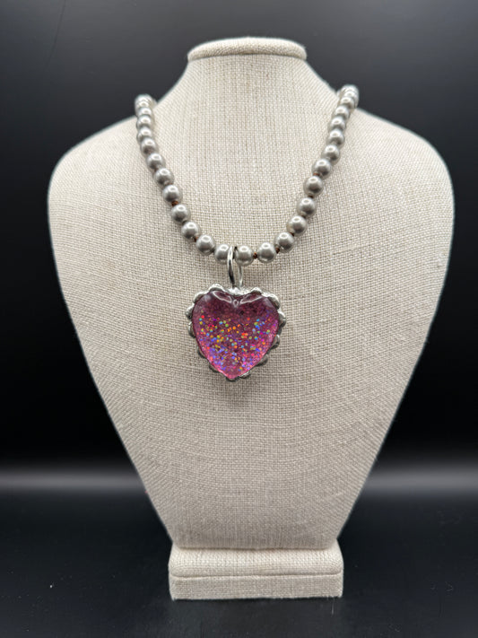 Hand Soldered Pink Glitter Heart Inspired Pearl Necklace