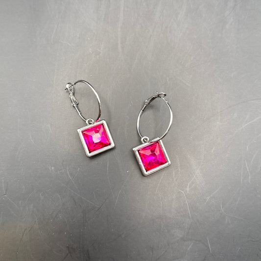 Square Hot Pink Crystal Earrings