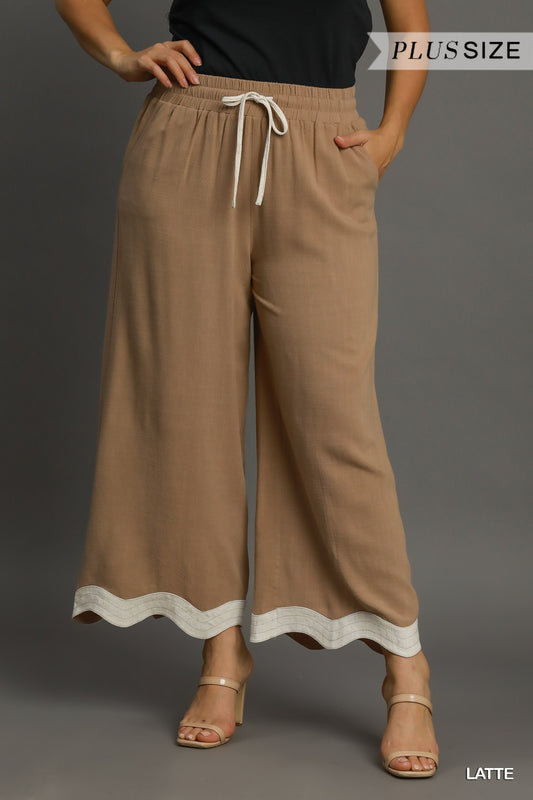UMGEE Drawstring Linen Pants with Scalloped Hemline Latte Plus Pretty