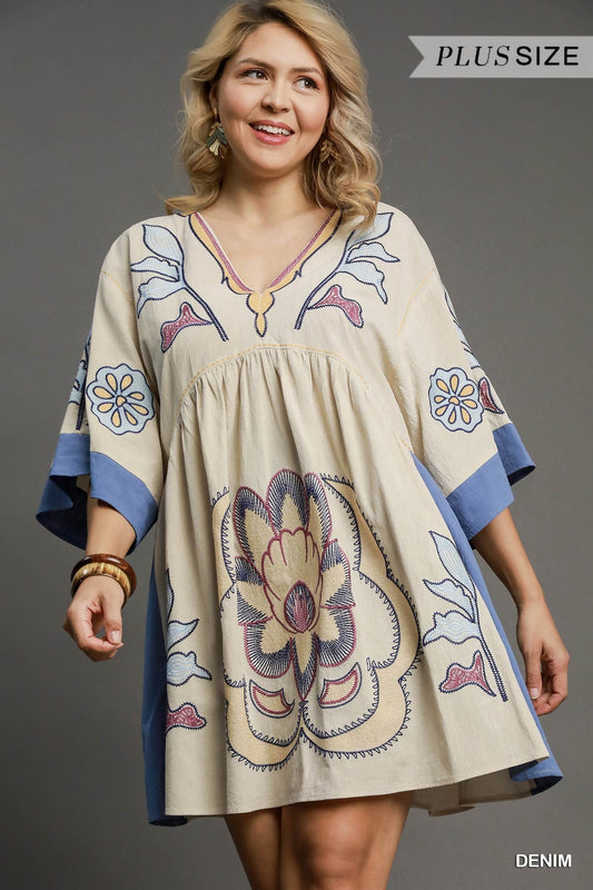 UMGEE Bohemian Embroidered Kaftan Dress Denim PLUS PRETTY
