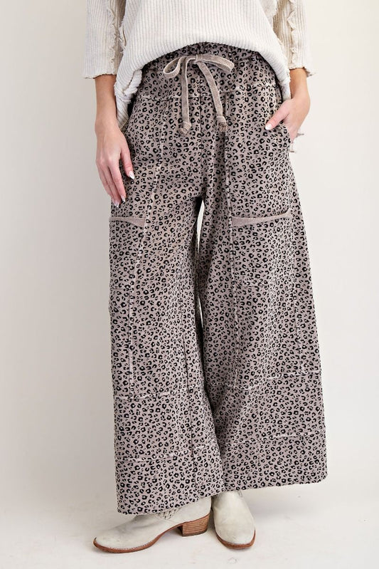 EASEL ANIMAL PRINT MINERAL WASHED TERRY KNIT LOUNGE PANTS Ash Mocha Plus Pretty