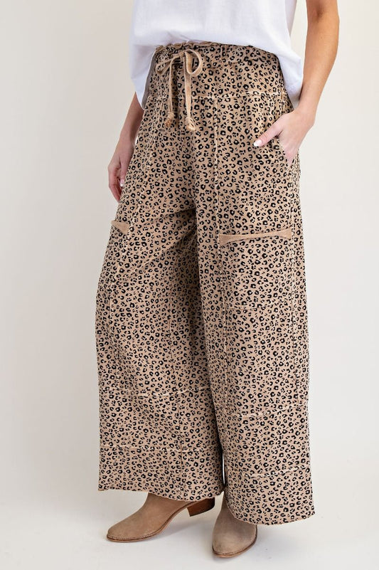 EASEL Animal Print Mineral Washed Terry Knit Lounge Cargos Camel PLUS PRETTY