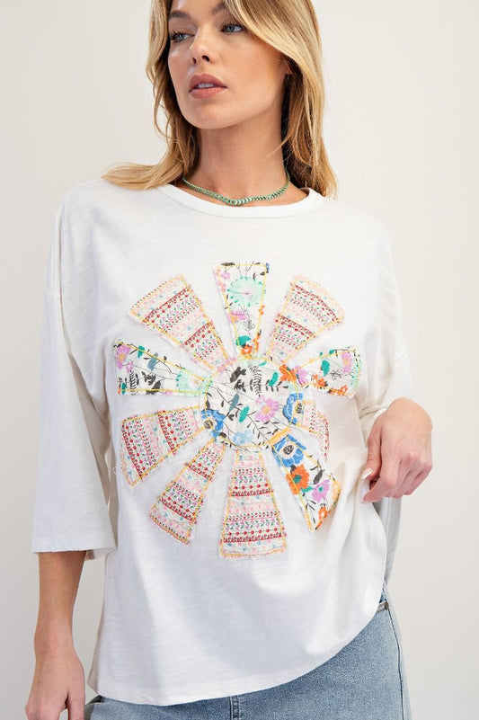 EASEL Patchwork Mineral Washed Cotton Slub Knit Top White PLUS PRETTY