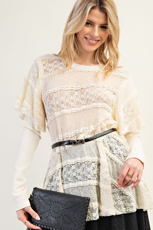 EASEL Knit Inset Lace Layered Top Cream